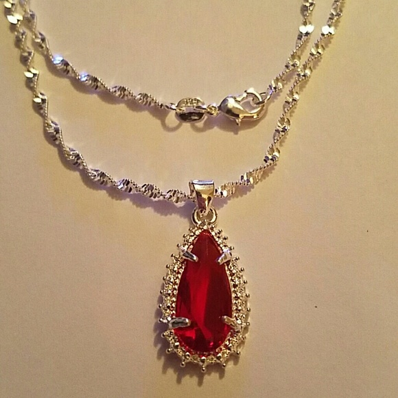 Sterling Silver Necklace Jewelry - 925 Silver Stamped Ruby Red Pendant Necklace♡